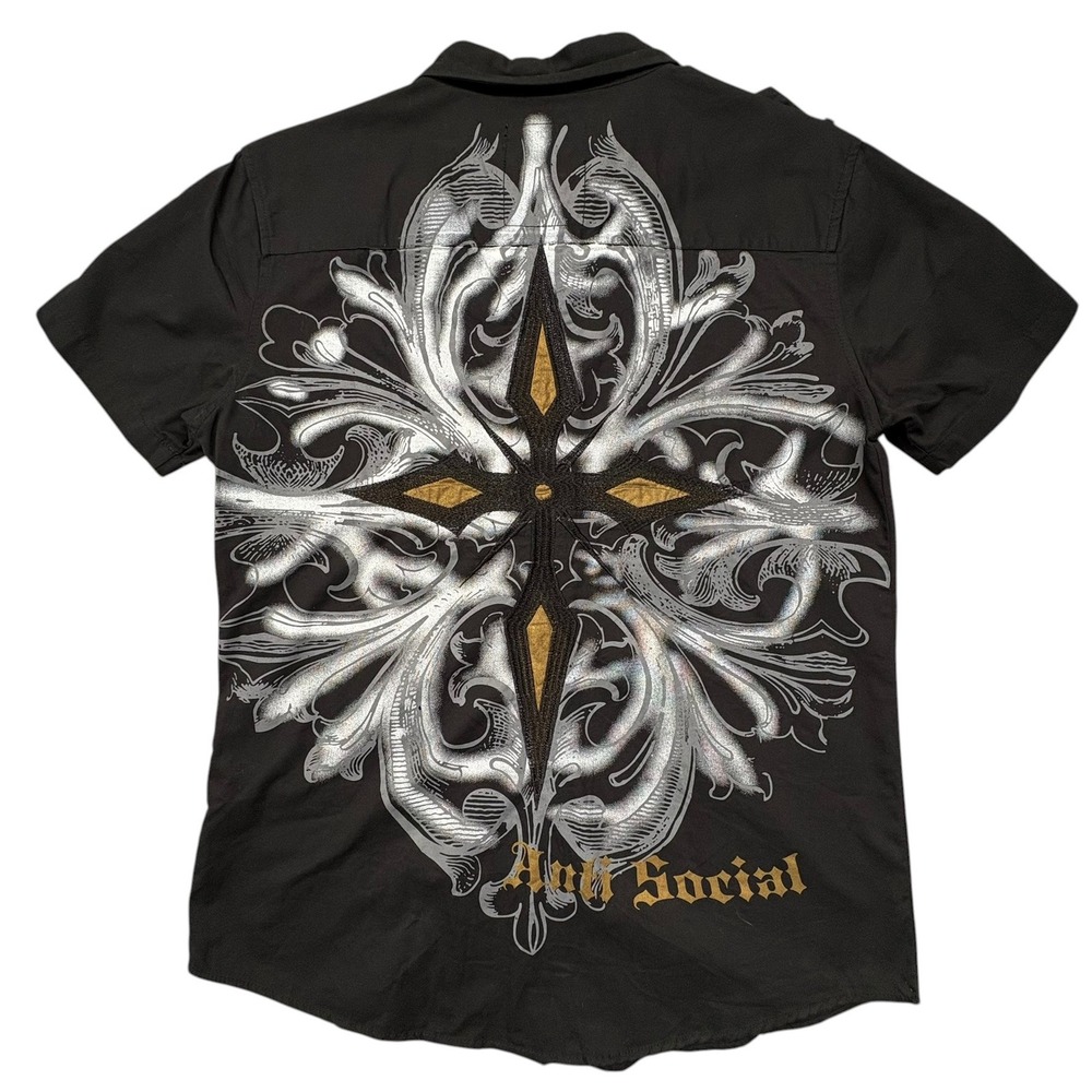 Anti Social Denim Co Graphic Shirt Mens XL Black Cotton Cross Embroidered Gothic